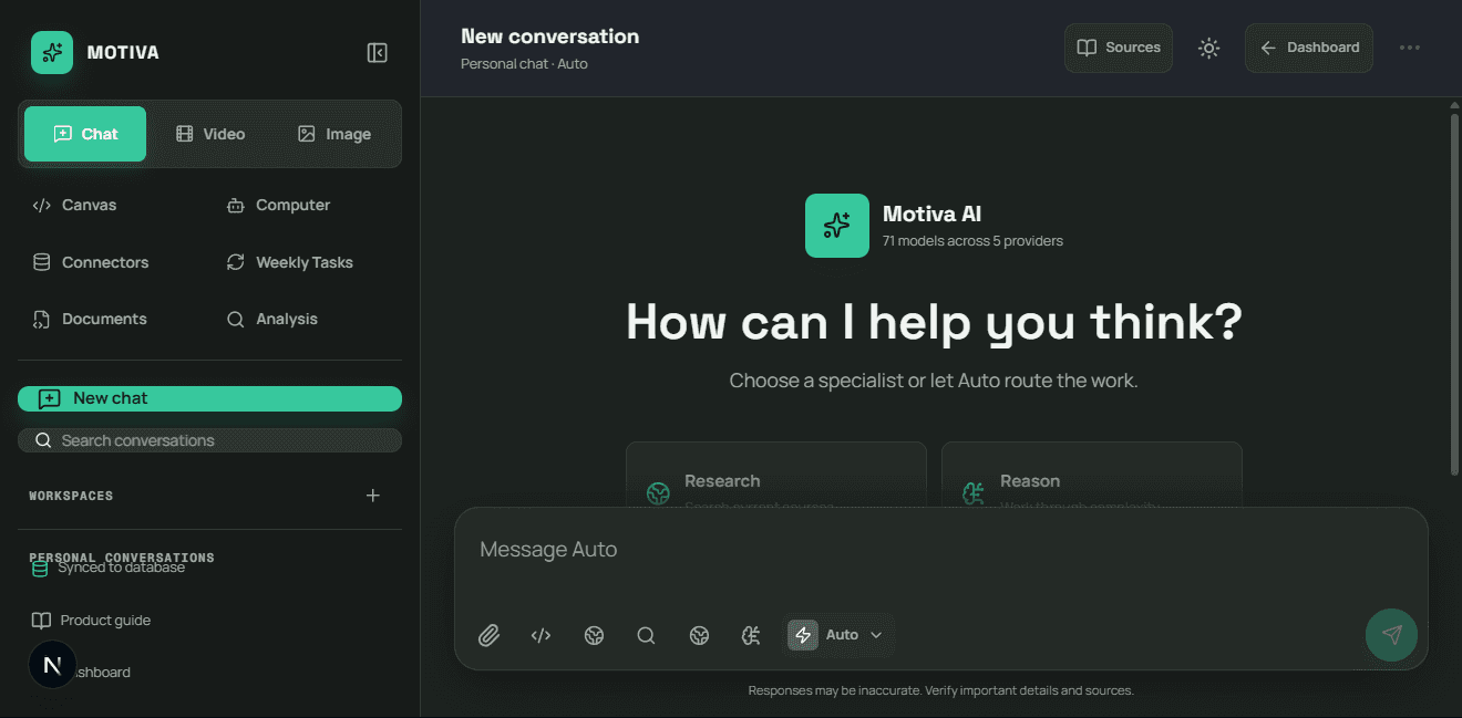 The redesigned Motiva AI chat, model, and workspace interface